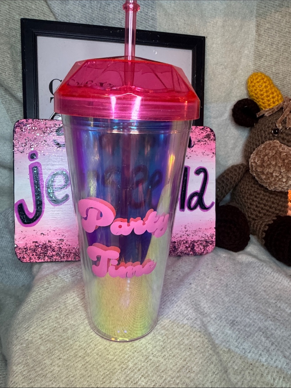 Party Time Iridescent Tumbler with Pink Lid and Straw